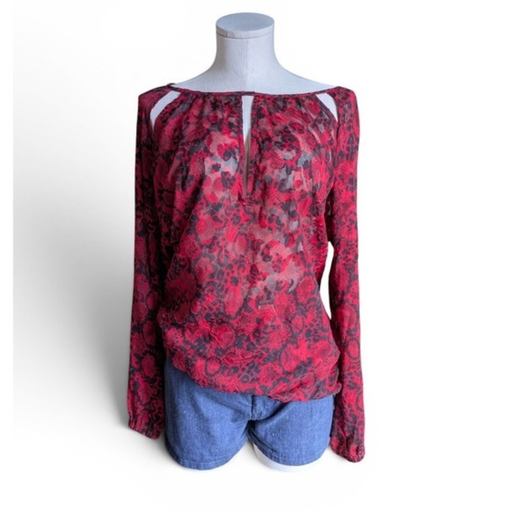 Lane Bryant Red Black Animal Print Sheer‎ Cut Out Blouse Top Size 14